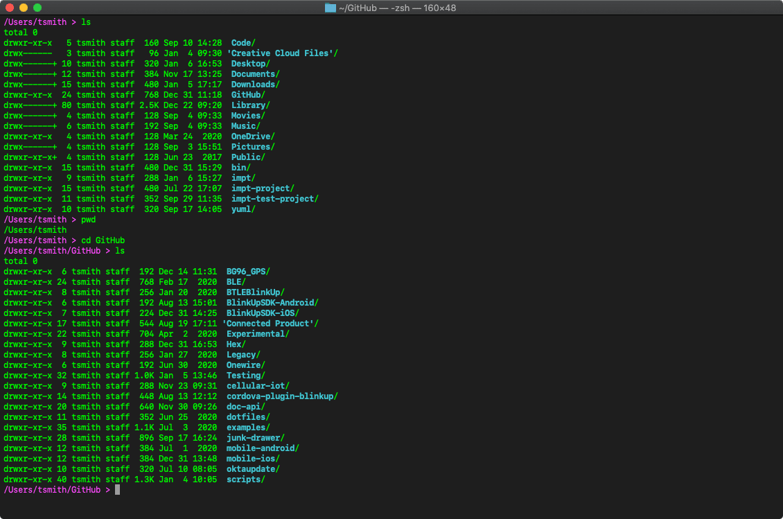 MacOS Terminal showing directory listing and navigation commands.