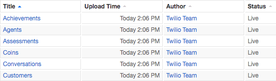 Table showing titles, upload times, authors, and status, all entries by Twilio Team at 2:06 PM, status live.