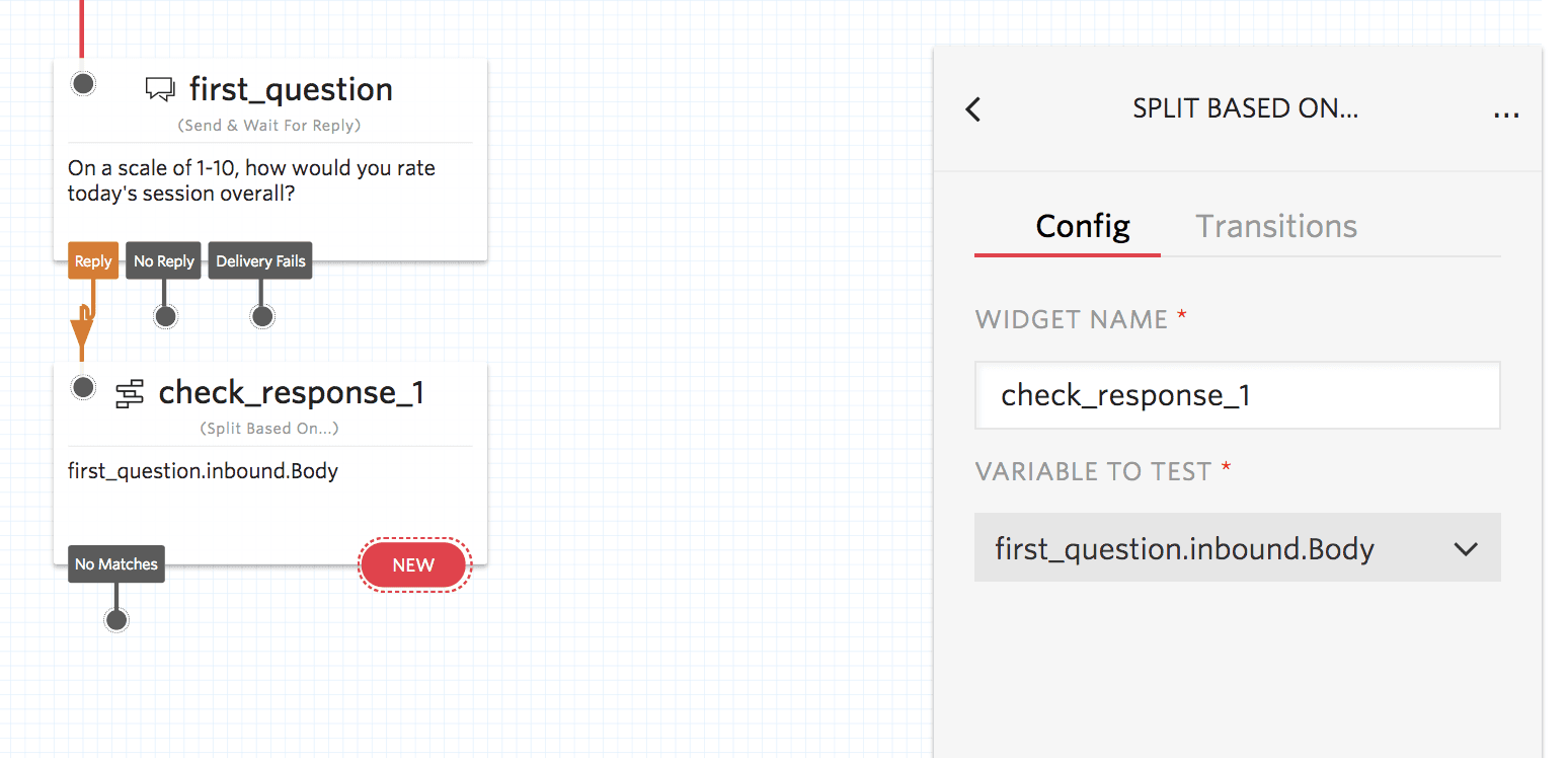 Flowchart showing a question node asking for a session rating, leading to a response check node.