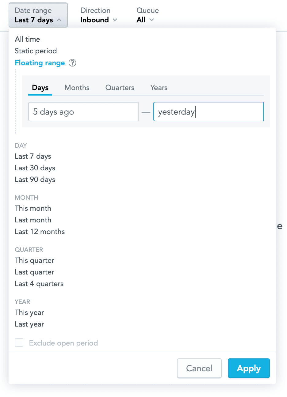 Date filter options with floating range from 5 days ago to yesterday.