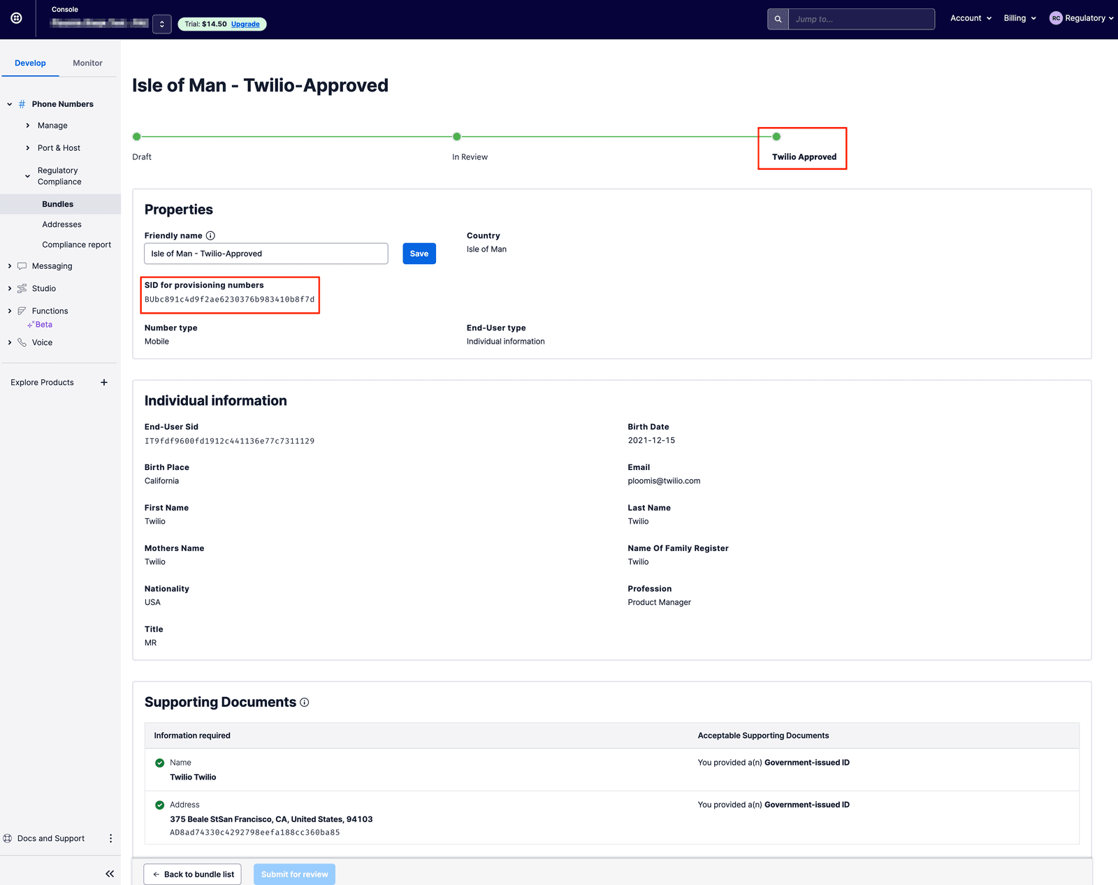 Example Twilio-approved bundle with provisioning SID, individual information, and supporting documents listed.