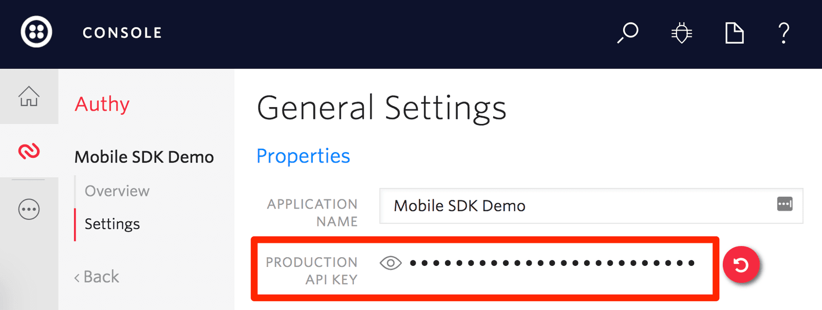 Authy dashboard showing production API key for Mobile SDK Demo.