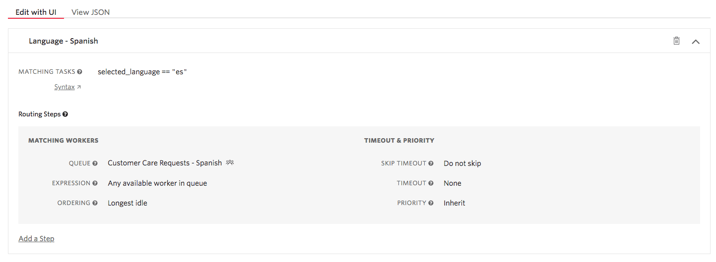 Filter for Spanish language tasks with routing steps and worker matching details.