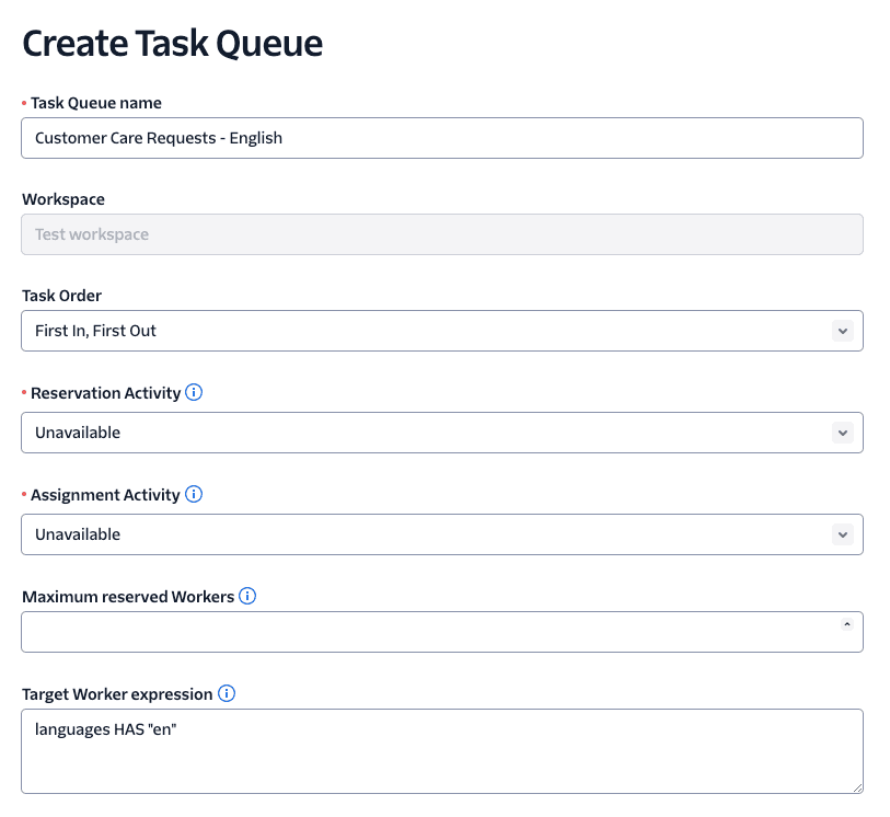 Create Task Queue form with fields for name, workspace, task order, and worker expression.