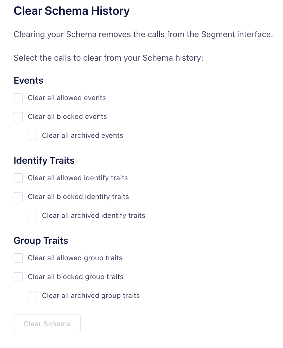 Options to clear events, identify traits, and group traits from Schema history.