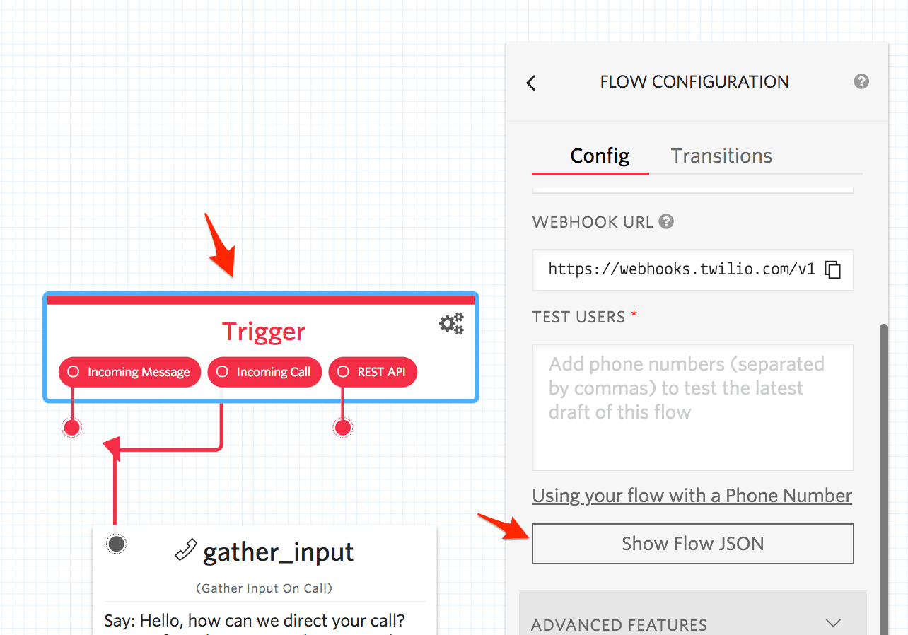 Flow configuration with trigger options for incoming message, call, and REST API.