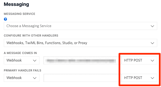 Configure webhook to use HTTP POST for incoming messages and primary handler failures.
