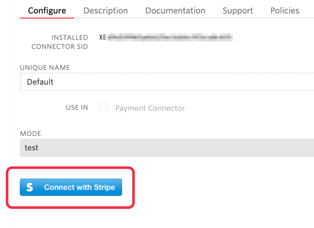 Configure tab with Connect with Stripe button highlighted.