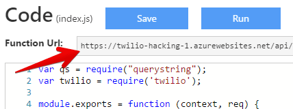 Node.js code snippet with highlighted Azure Function URL.