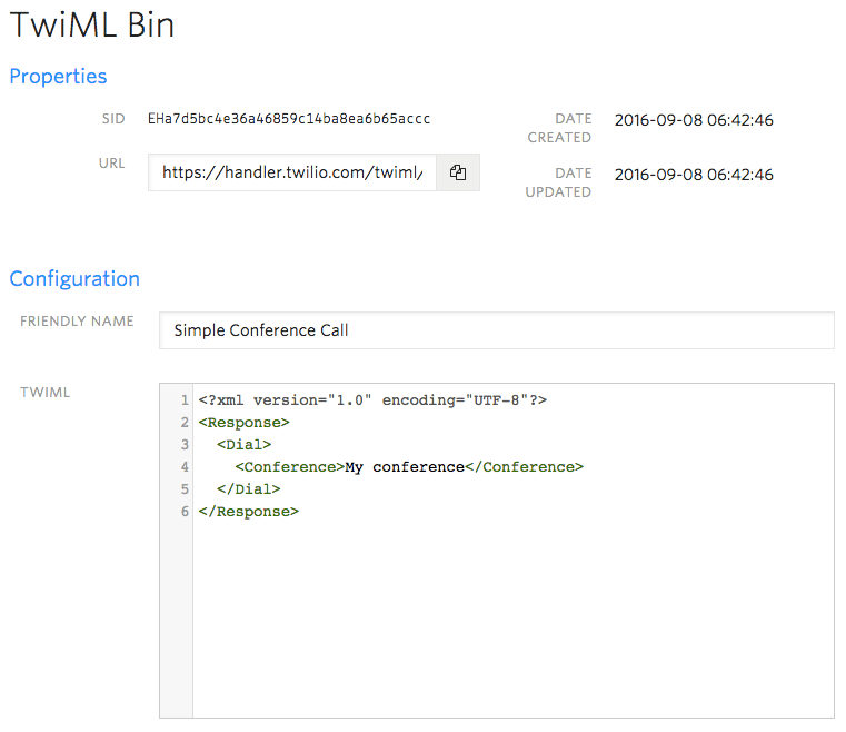 Twilio TwiML Bin showing XML for a simple conference call setup.