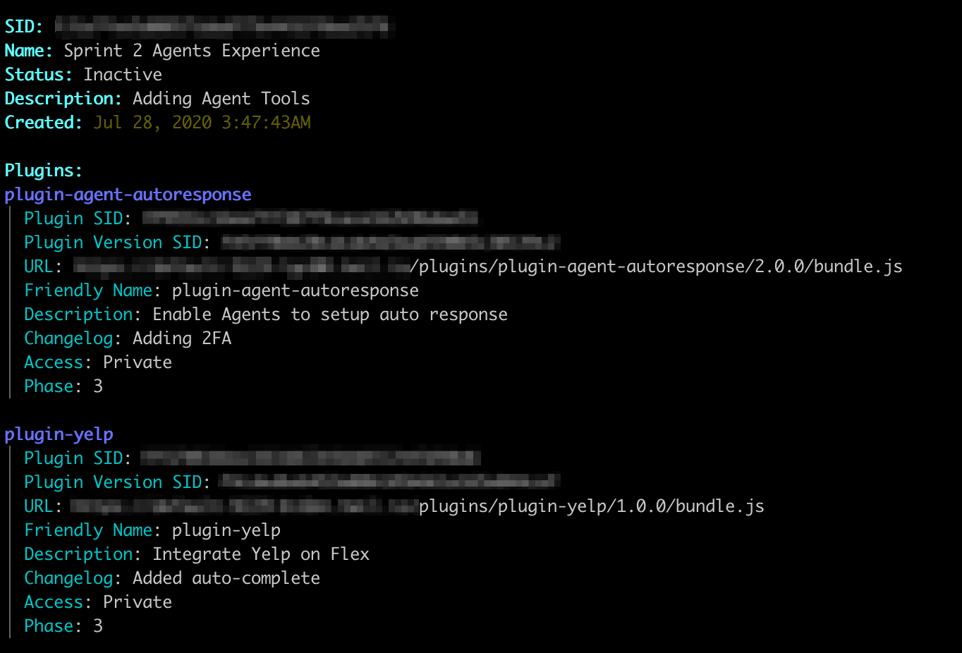 Configuration details for Sprint 2 Agents Experience with plugins for autoresponse and Yelp integration.