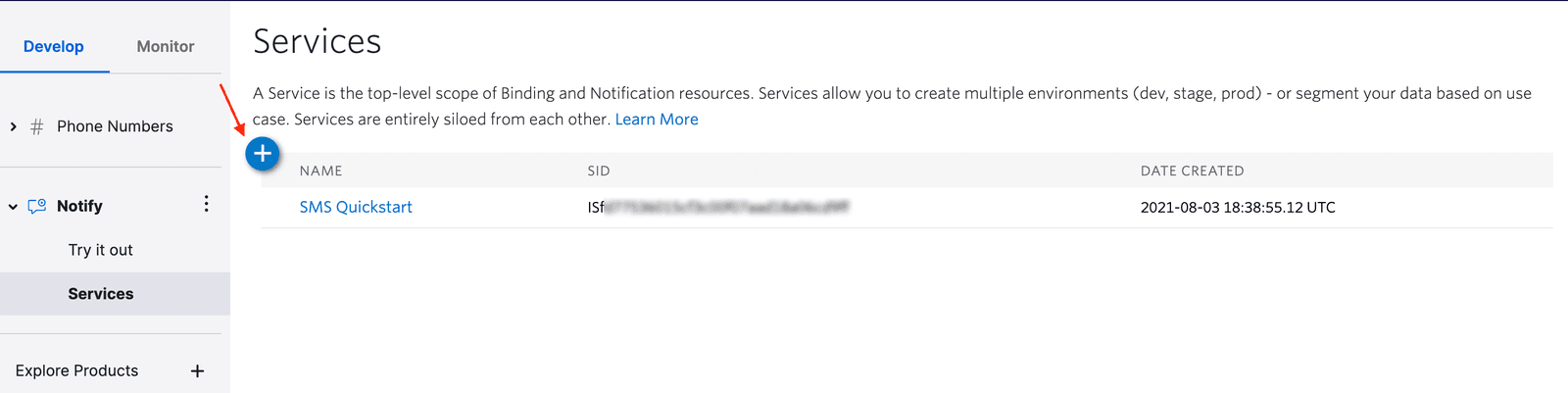 Services page showing SMS Quickstart with SID and creation date.
