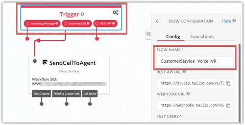 Studio flow showing trigger for incoming message, call, and REST API with SendCallToAgent step.