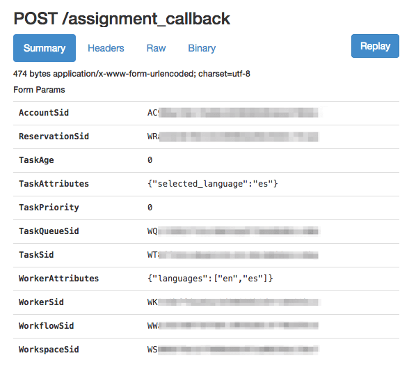 Ngrok POST request log showing assignment callback with form parameters including AccountSid and TaskAttributes.