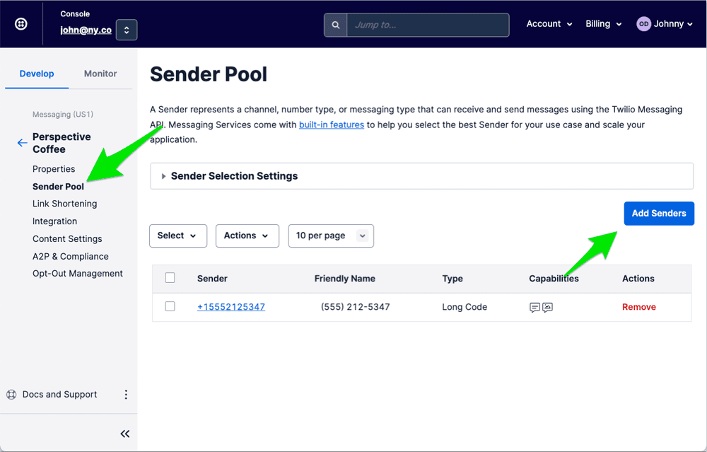 Twilio Console showing Sender Pool with options to add or remove senders.