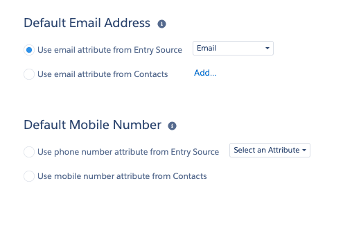 Journey Builder options for default email and mobile number attributes.