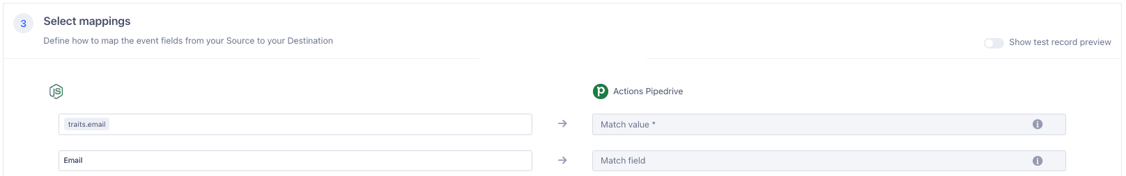 Mappings configuration to Actions Pipedrive where 'traits.email' is mapped to Match value and 'Email' is mapped to Match field.