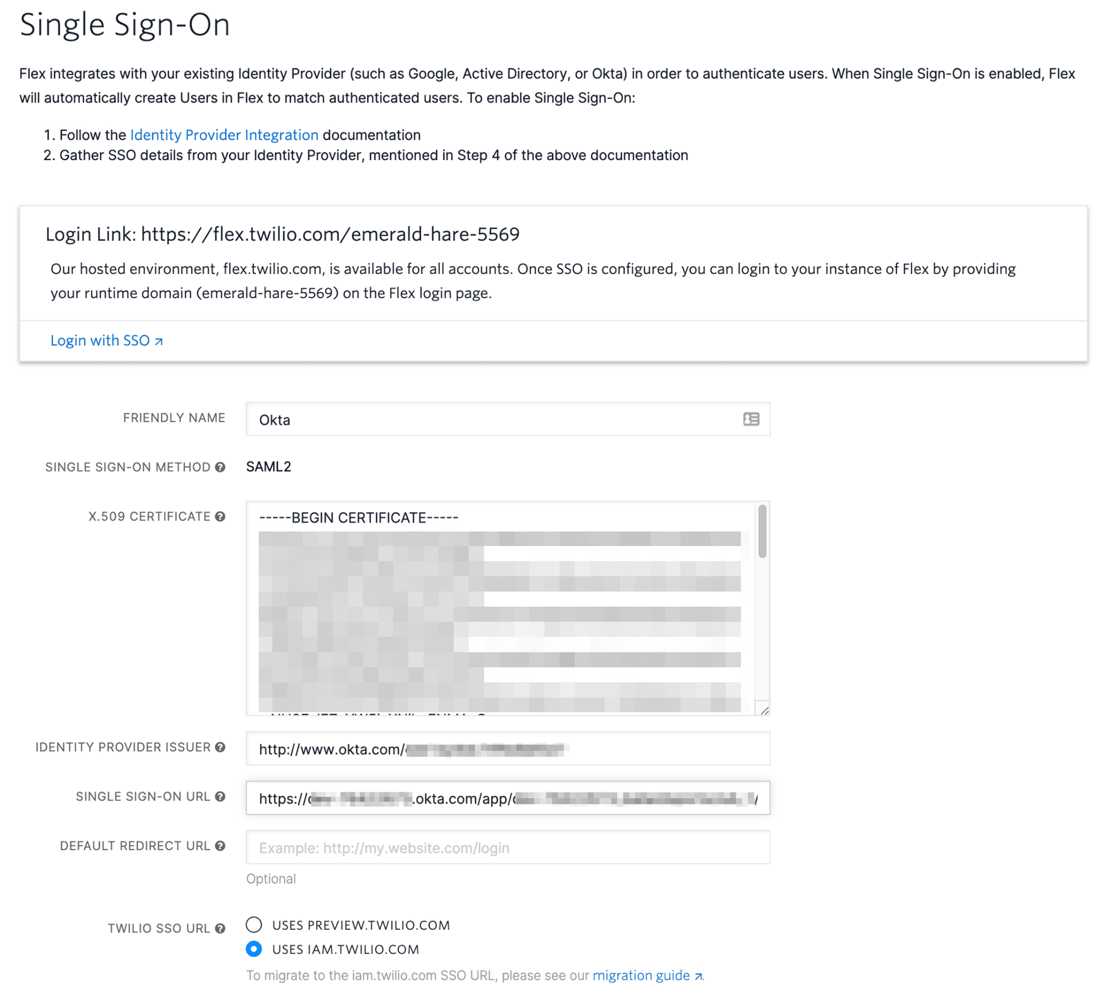 Twilio Flex SSO setup with Okta, showing login link, SAML2 method, and certificate details.