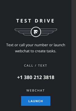 Test Drive panel with call number and webchat launch button.