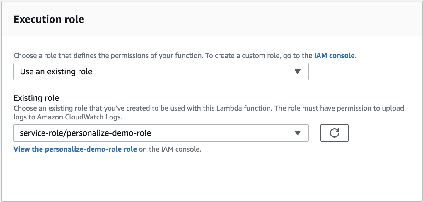 Execution role settings with existing role 'service-role/personalize-demo-role' for Lambda function.