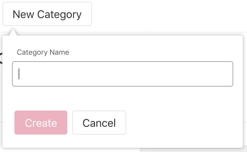 Dialog box for entering a new category name with create and cancel buttons.