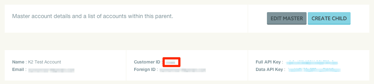Account details with options to edit master or create child account, highlighting Data API Key.