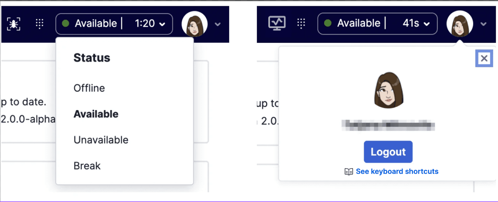User status dropdown showing options: Offline, Available, Unavailable, Break, and logout button.