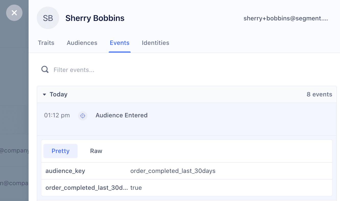 Events tab for example Segment user, Sherry Bobbins, showing 'Audience Entered' data at 1:12 pm.