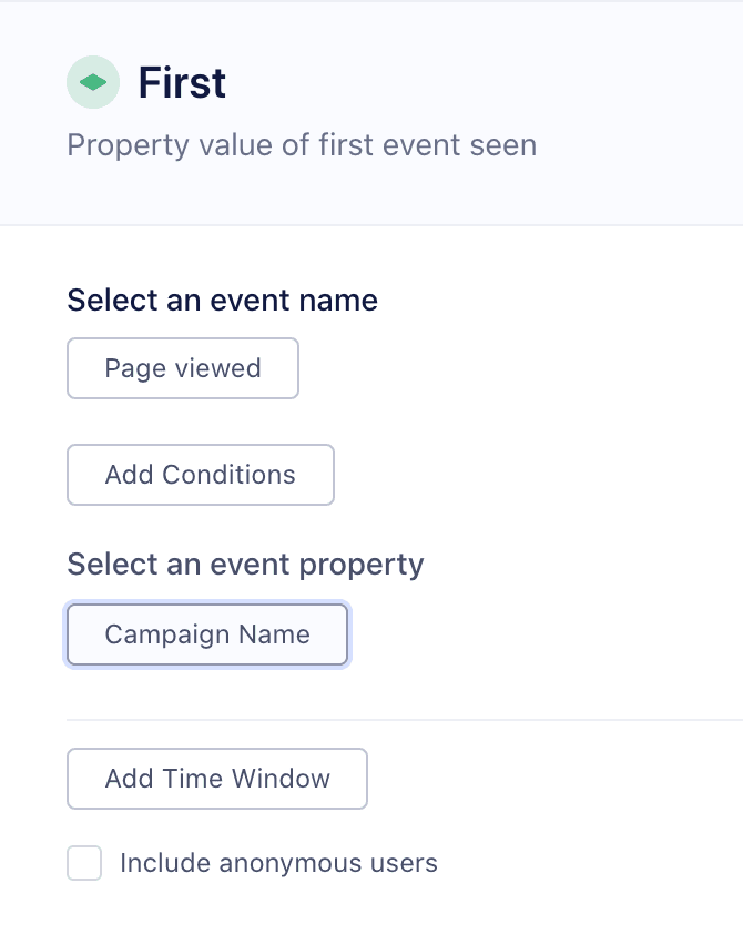Last event-seen trait builder with options for event name, property, and anonymous users.