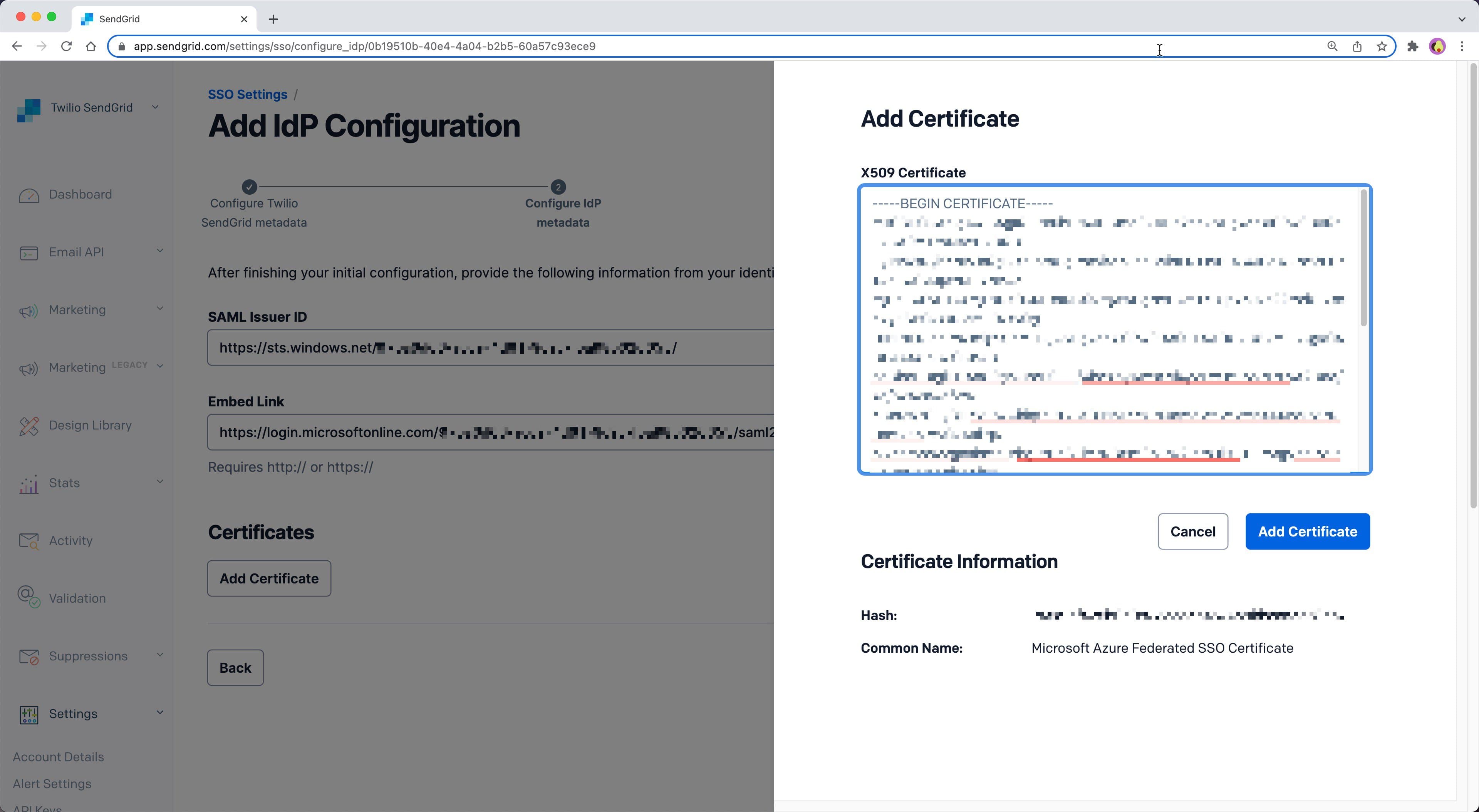 Interface for adding an X509 certificate in Twilio SendGrid with certificate details.