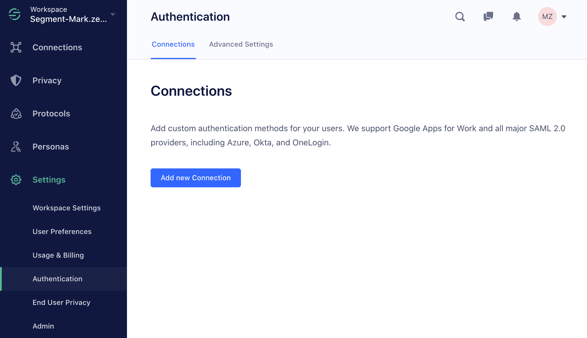 The Segment Authentication settings page with the Connections tab selected.