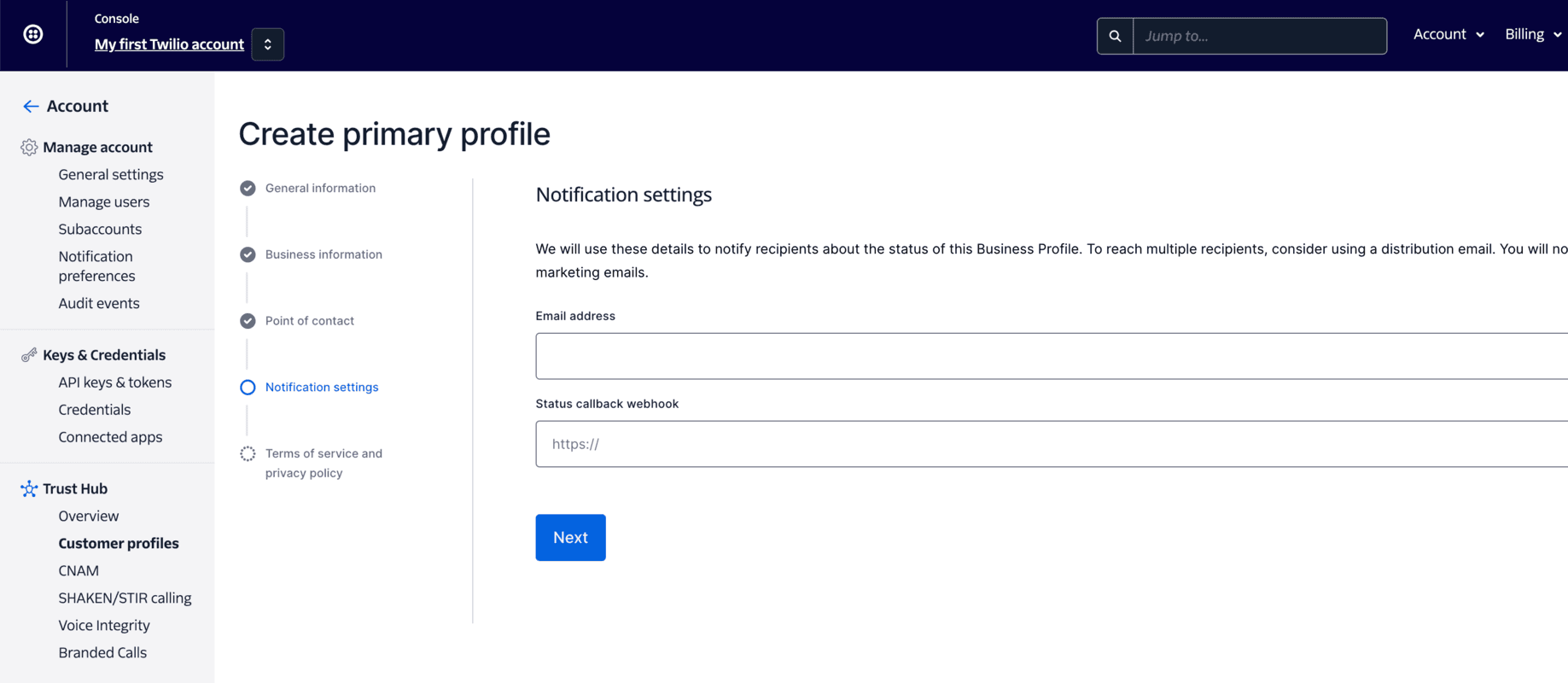 Notification settings for creating a primary business profile with email and webhook fields.