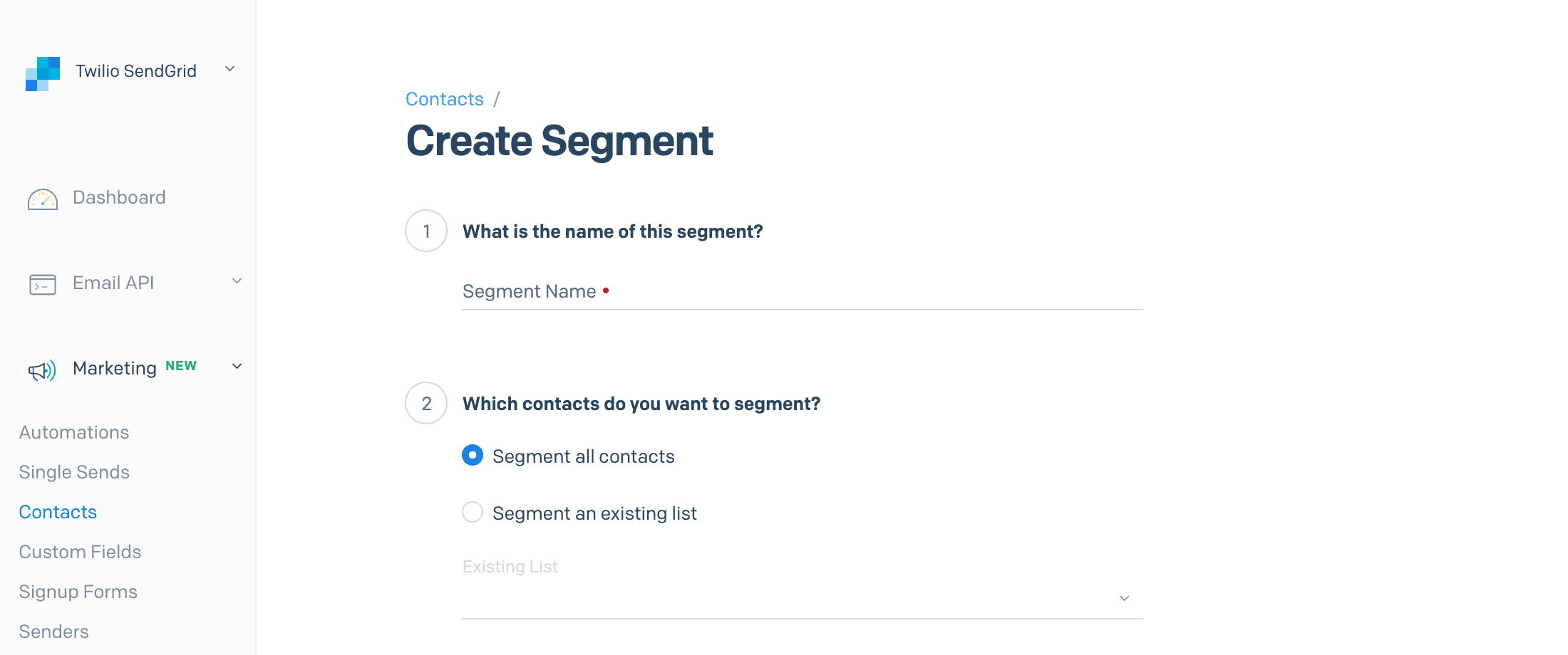 The contacts menu inside the SendGrid App displaying the segment name field and list from which the segment should build.