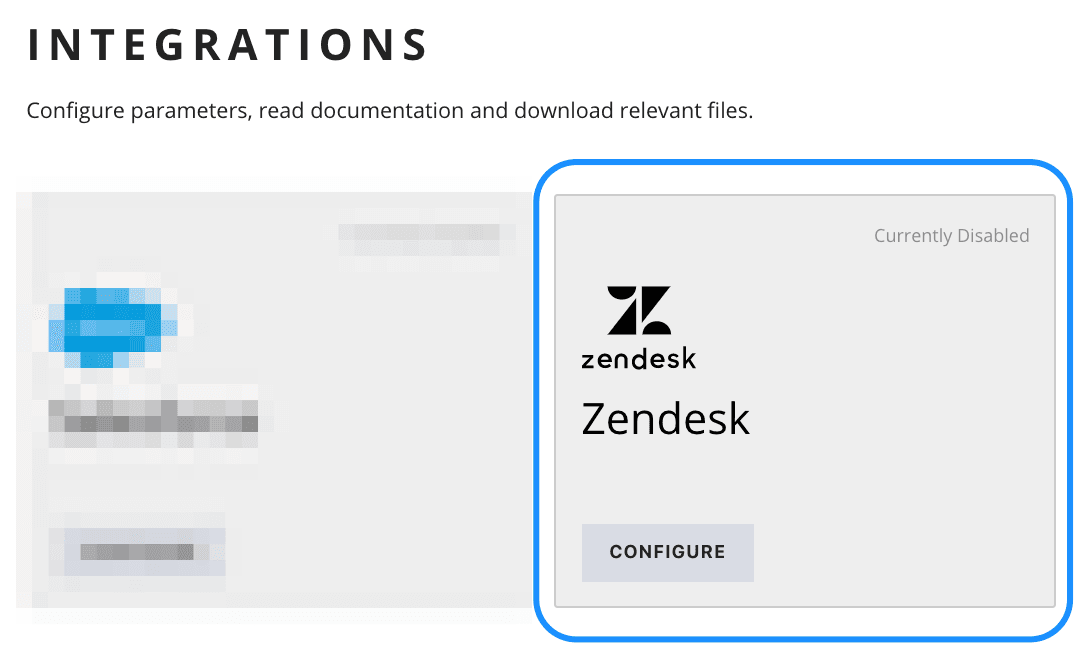 Zendesk integration status toggle set to enabled.
