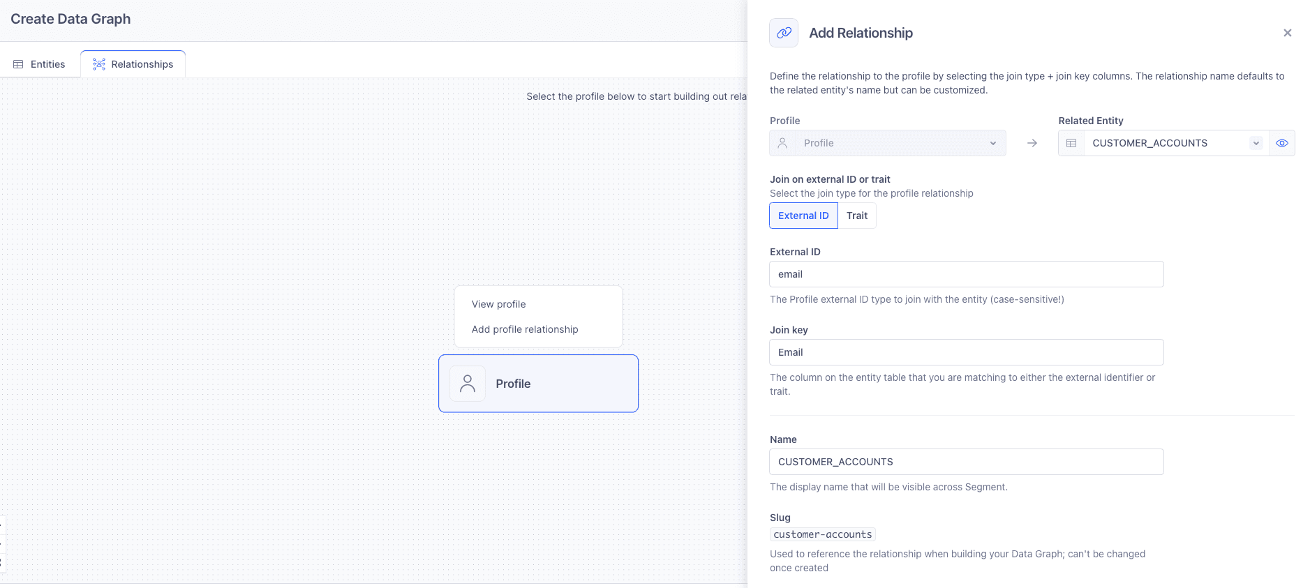 The side window that opens when adding a profile to entity relationship.
