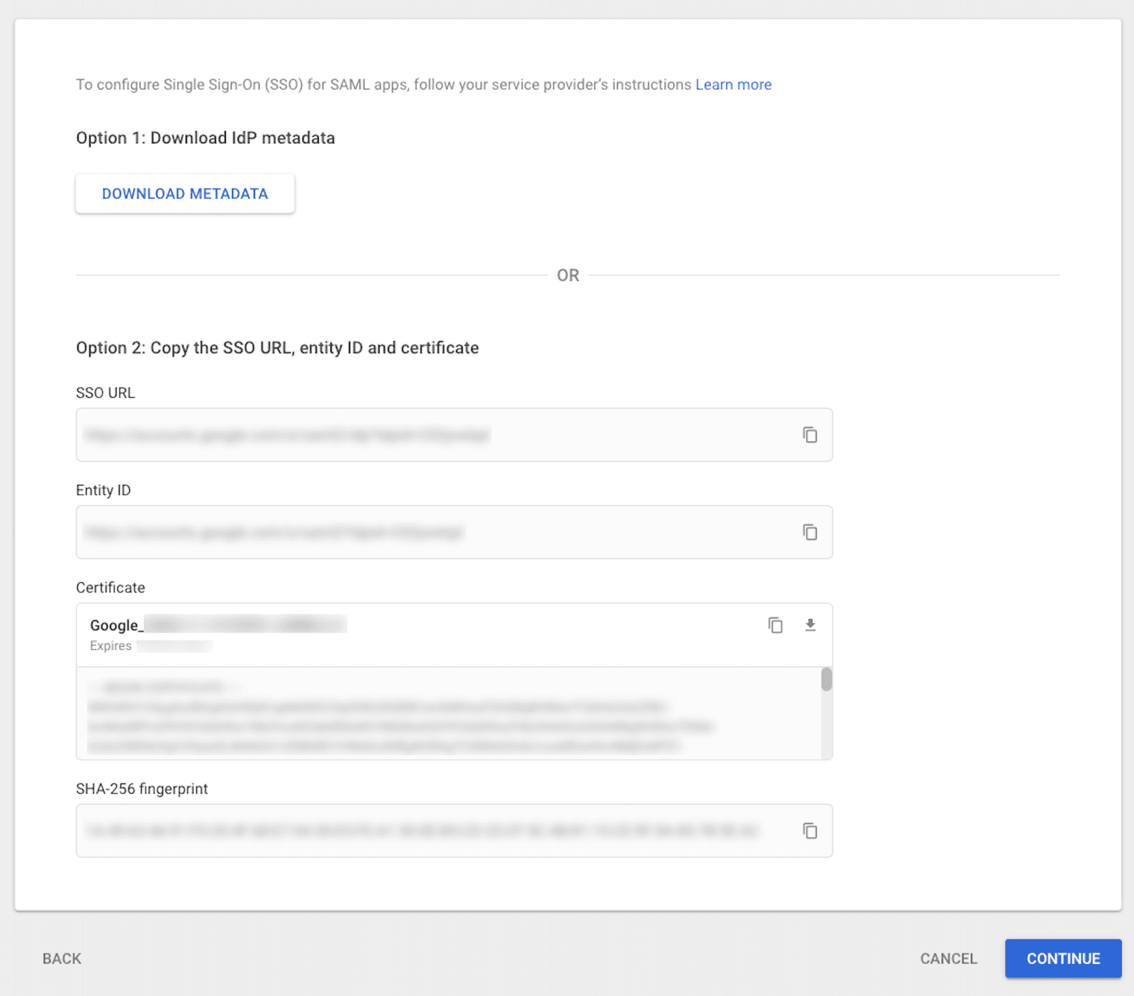 Google IdP setup with options to download metadata or copy SSO URL, entity ID, and certificate.