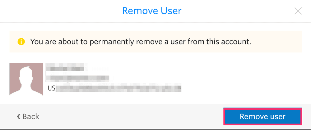 Confirmation dialog for permanently removing a user with a highlighted 'Remove user' button.