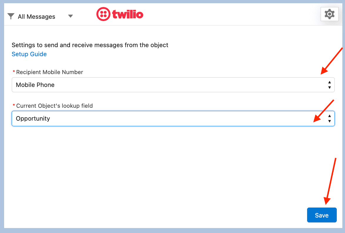 Twilio configuration for message ownership by contact or lead owner with opportunity selection.