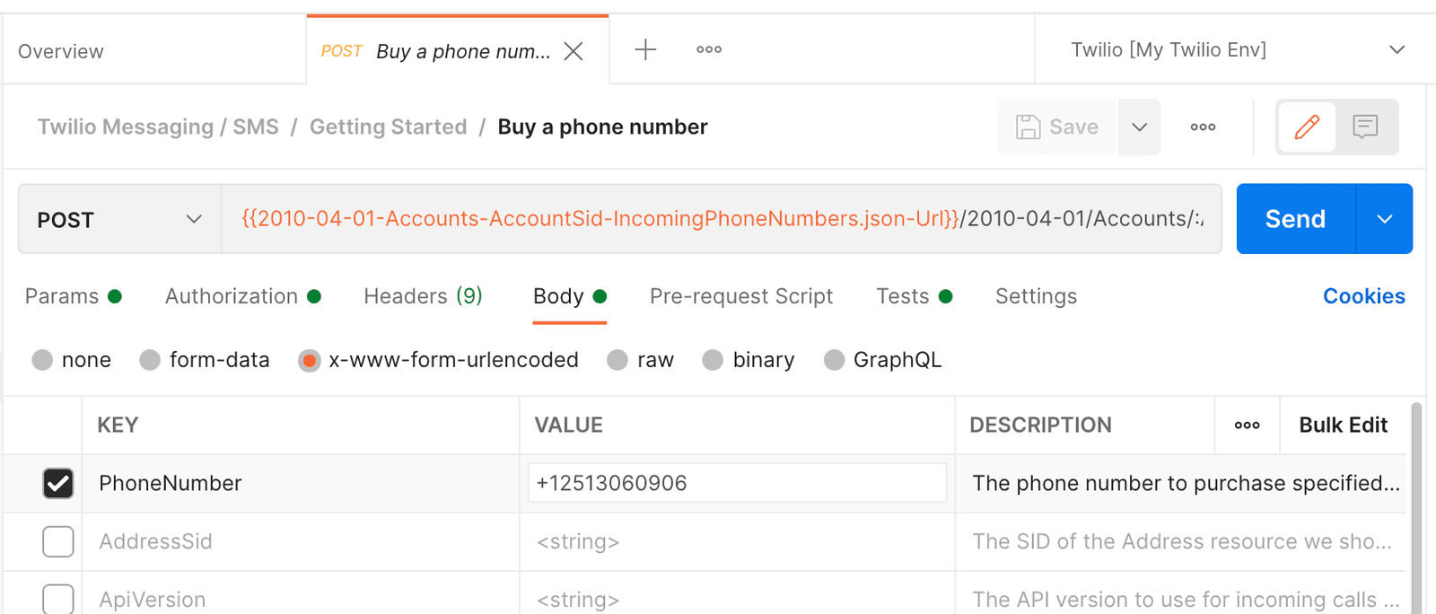 Twilio API interface showing parameters for buying a phone number, including PhoneNumber with value +12513060906.