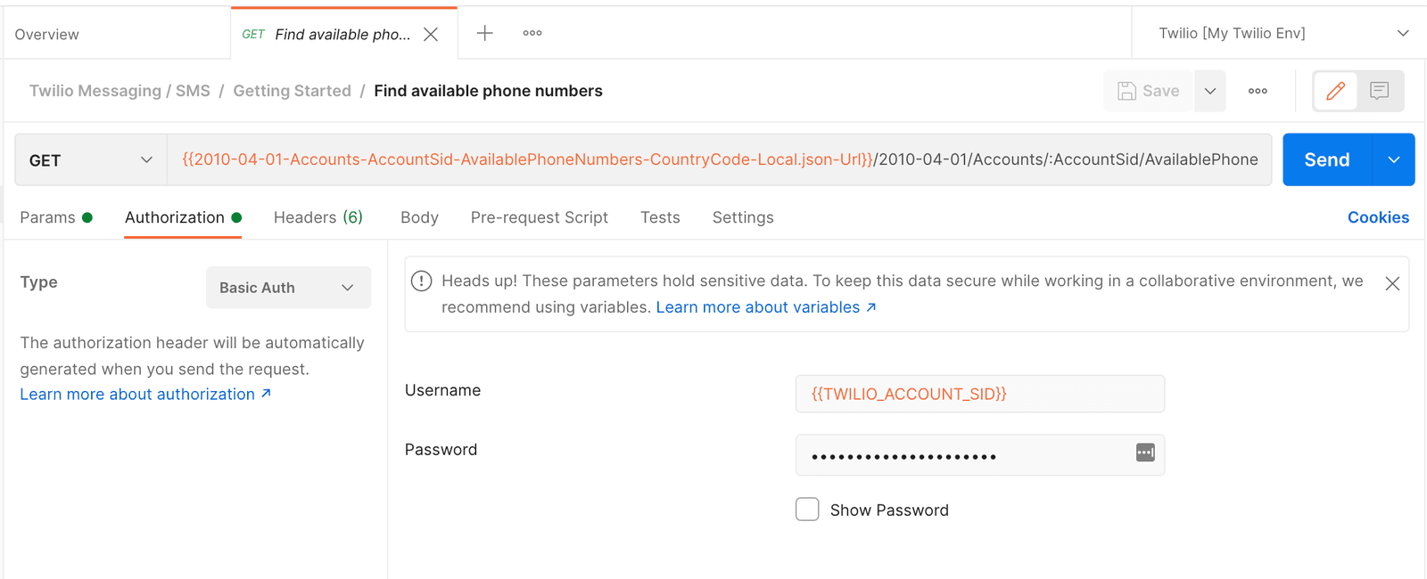 Postman interface showing Basic Auth setup with username and password fields.