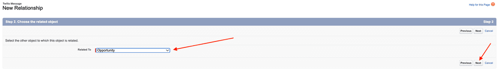 Select 'Opportunity' from the dropdown to choose the related object, then click 'Next'.