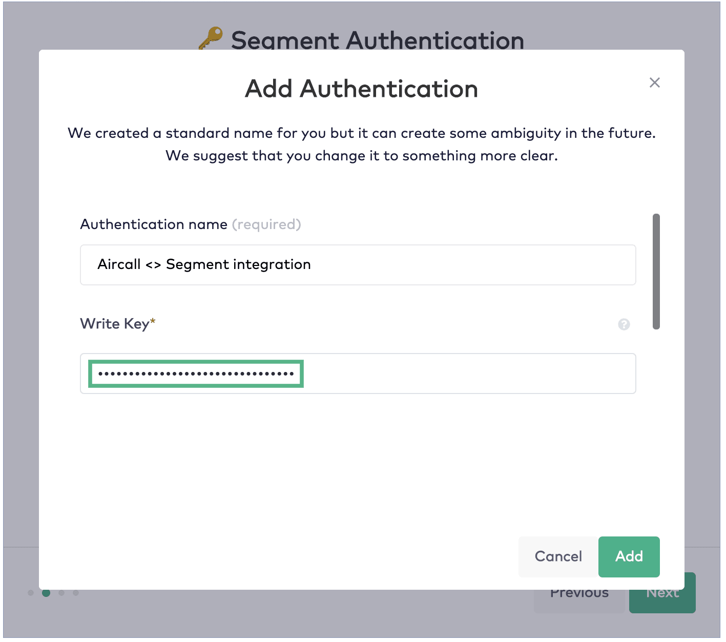 Add Authentication popup in Aircall with fields for Authentication name and Write Key.