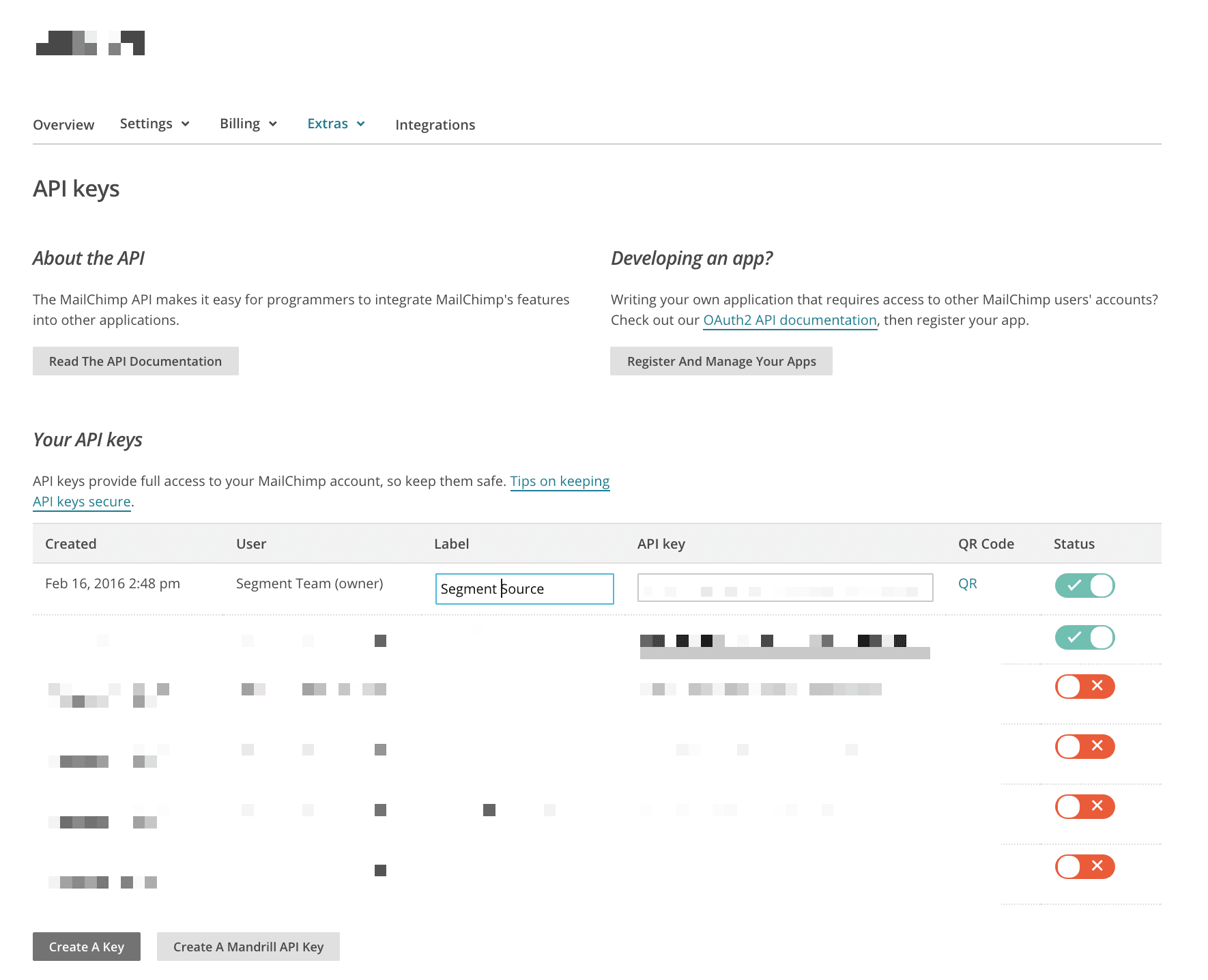 Mailchimp API keys page showing key creation date, user, label, and status.