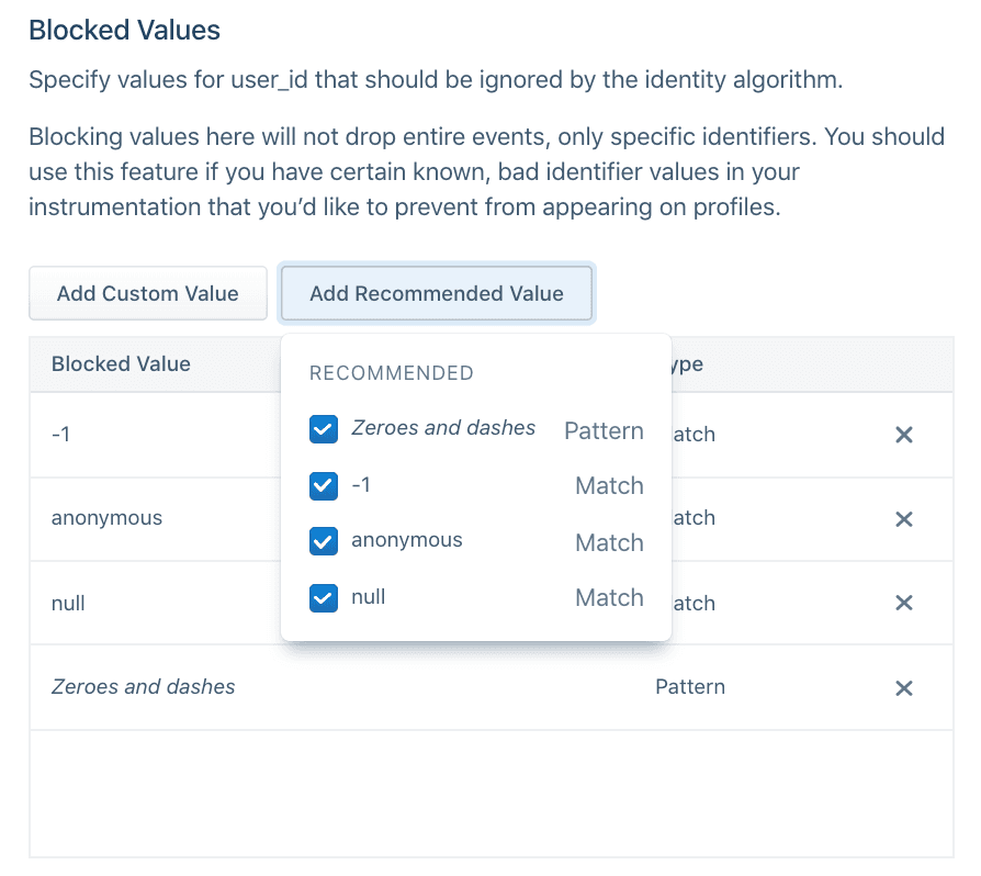 Table showing blocked user_id values like -1, anonymous, and null with options to add custom or recommended values.