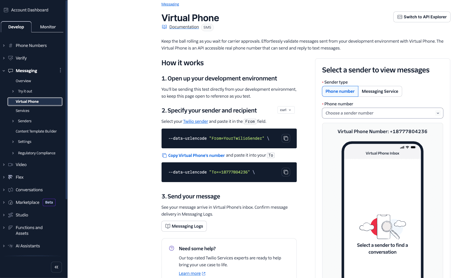 Twilio Virtual Phone interface showing steps to specify sender and recipient with code snippets.