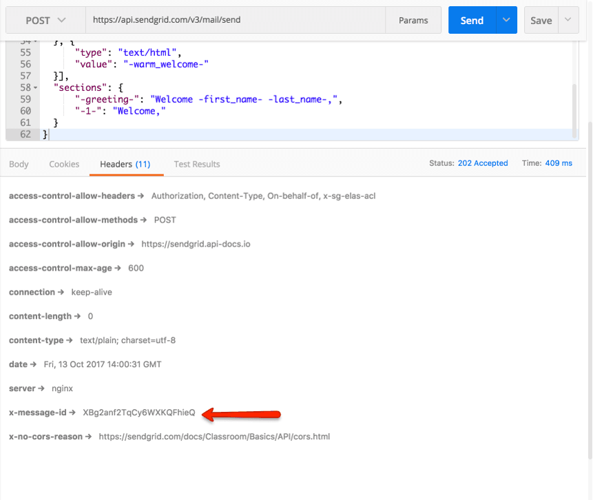 API response showing email send status 202 Accepted with message ID.