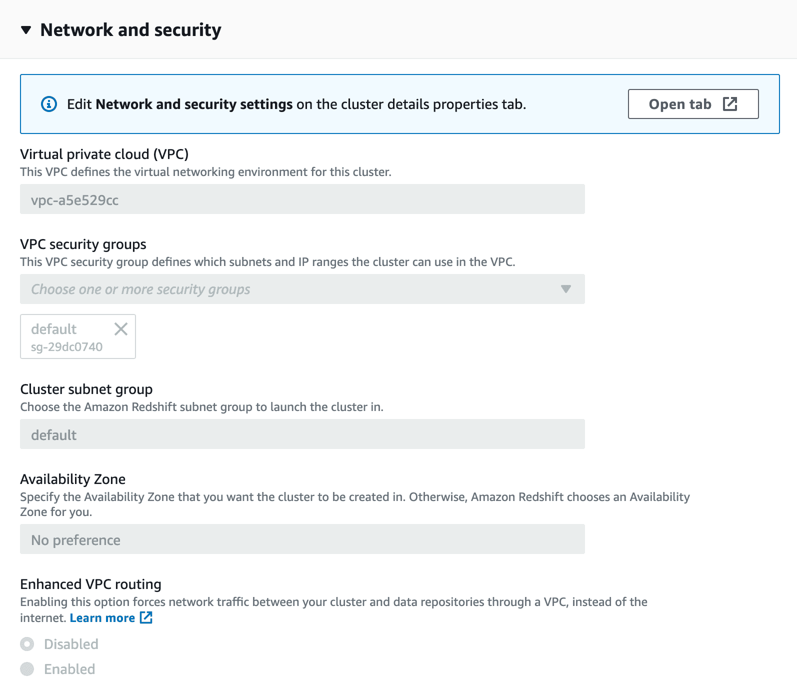 Amazon Redshift network and security settings with VPC and security group options.