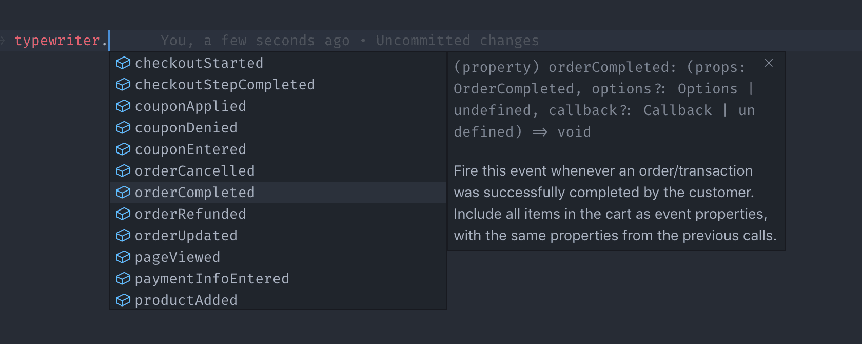 Code editor showing event name suggestions like orderCompleted with details on firing the event.
