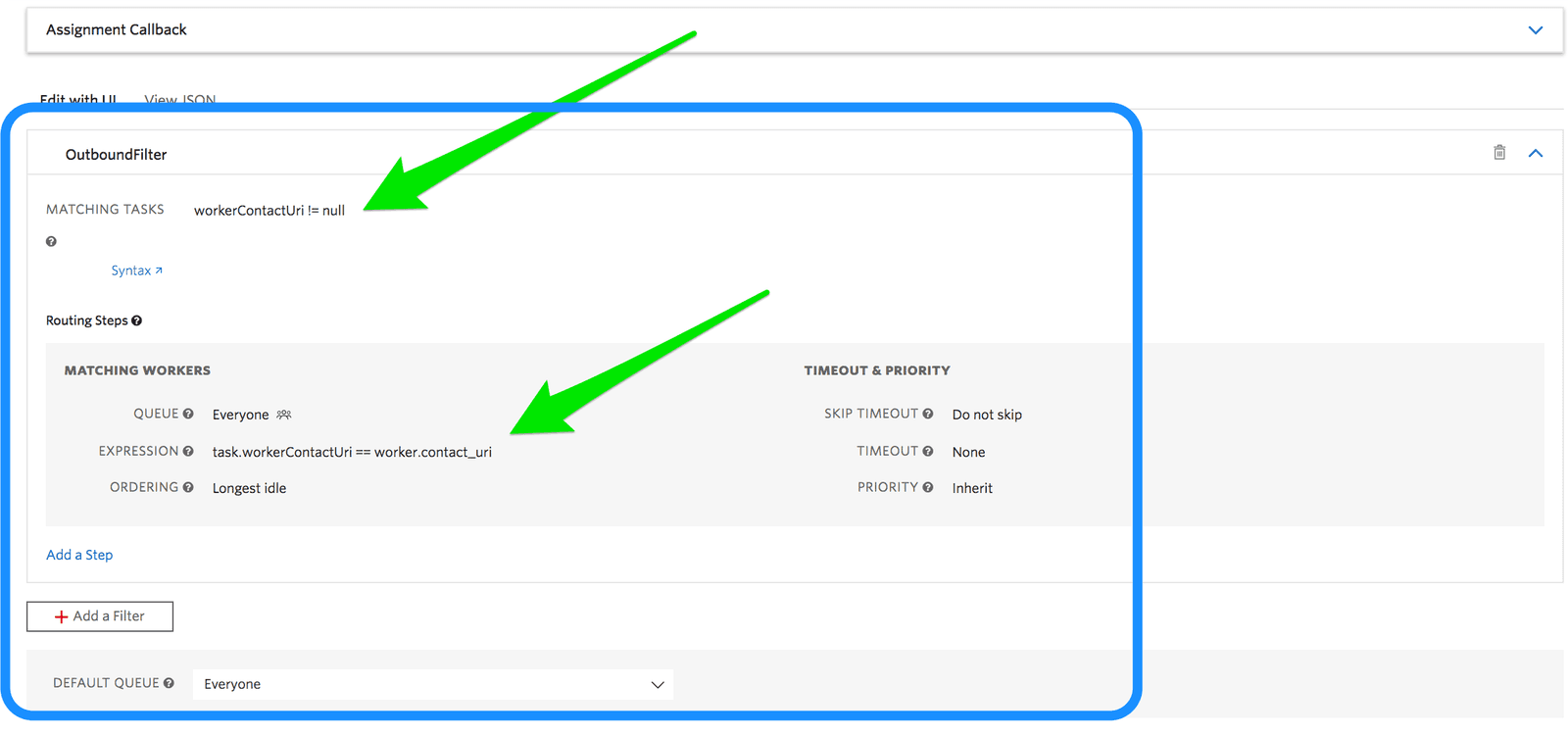 OutboundFilter configuration showing matching tasks and workers with conditions and timeout settings.