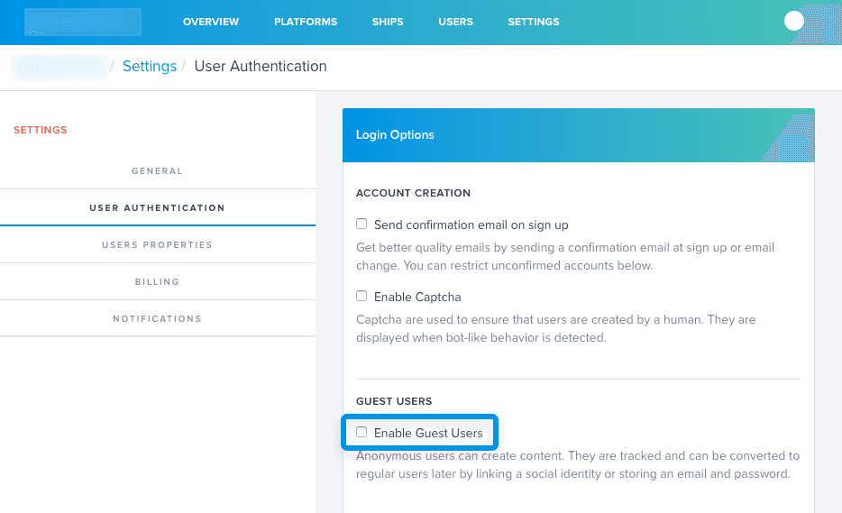 Settings page showing option to enable guest users under user authentication.